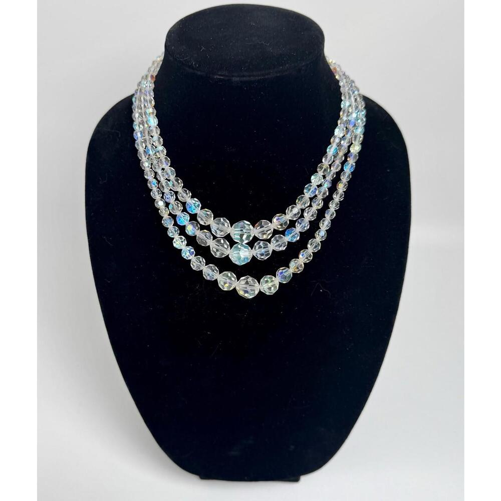 Vintage Art Deco Faceted AB Glass Bead Jewelry Crystal Multi-Strand Necklace